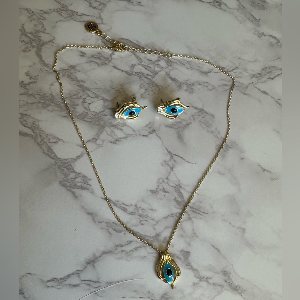 House Of Harlow 1960 Gold With Blue Eye Design Set Necklace Earrings 30$